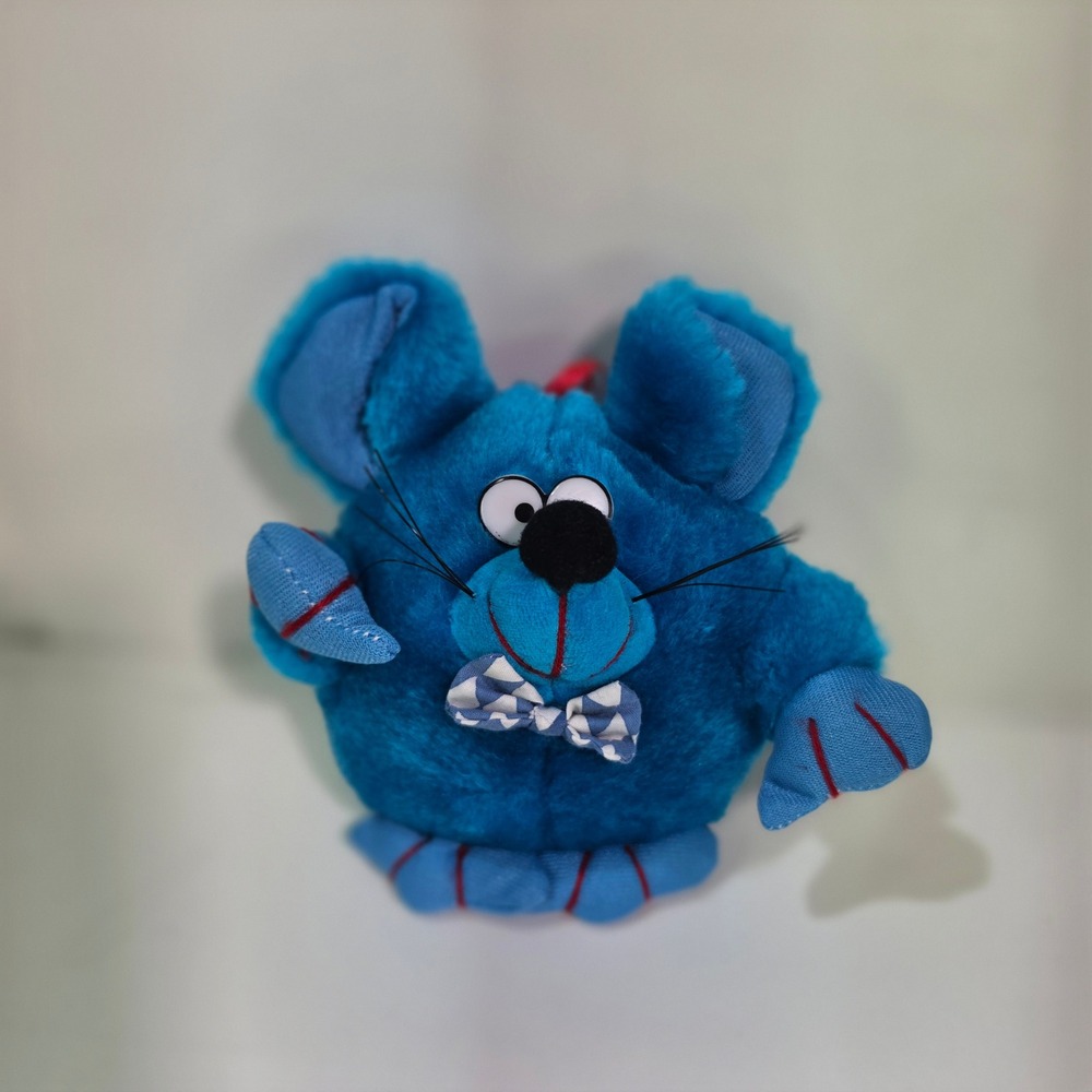 Vintage Nanco Blue Mouse Plush Stuffed Animal Round Ball Checkered Bow Tie 5"